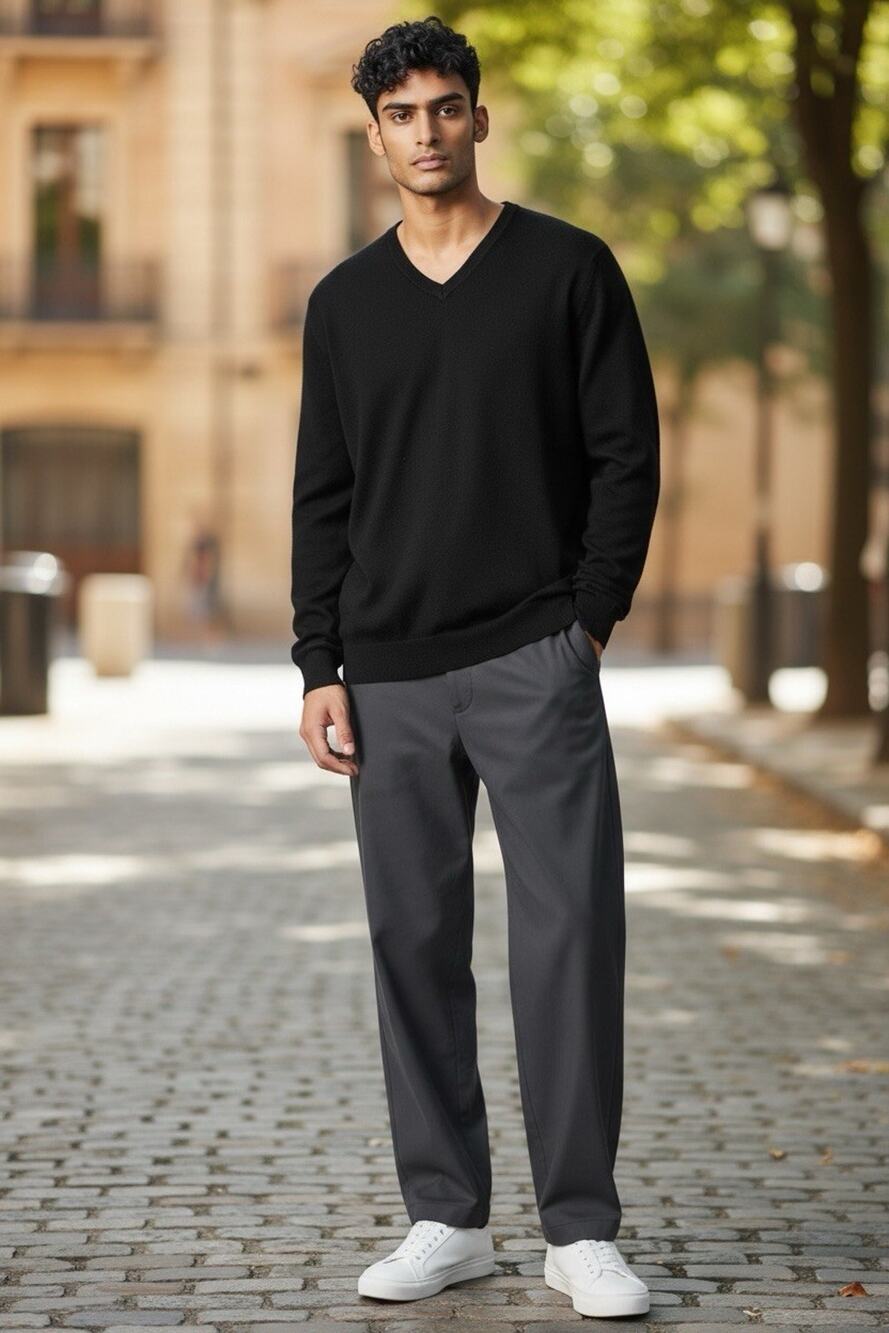Brooks Brothers Mens Large Black Merino Wool Stretch V-Neck Sweater Pullover L